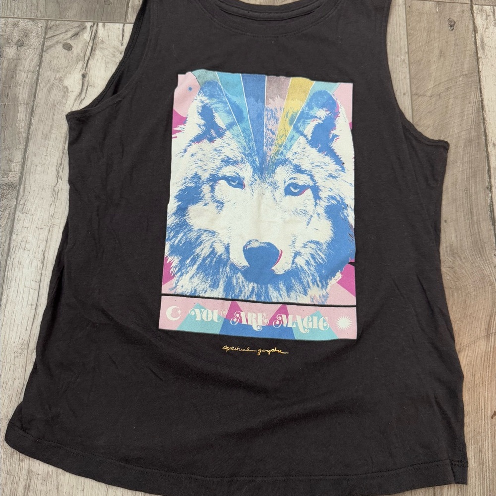 Spiritual Gangster Black Tank with Pastel Rainbow Wolf Graphic Youth 14 (Small)